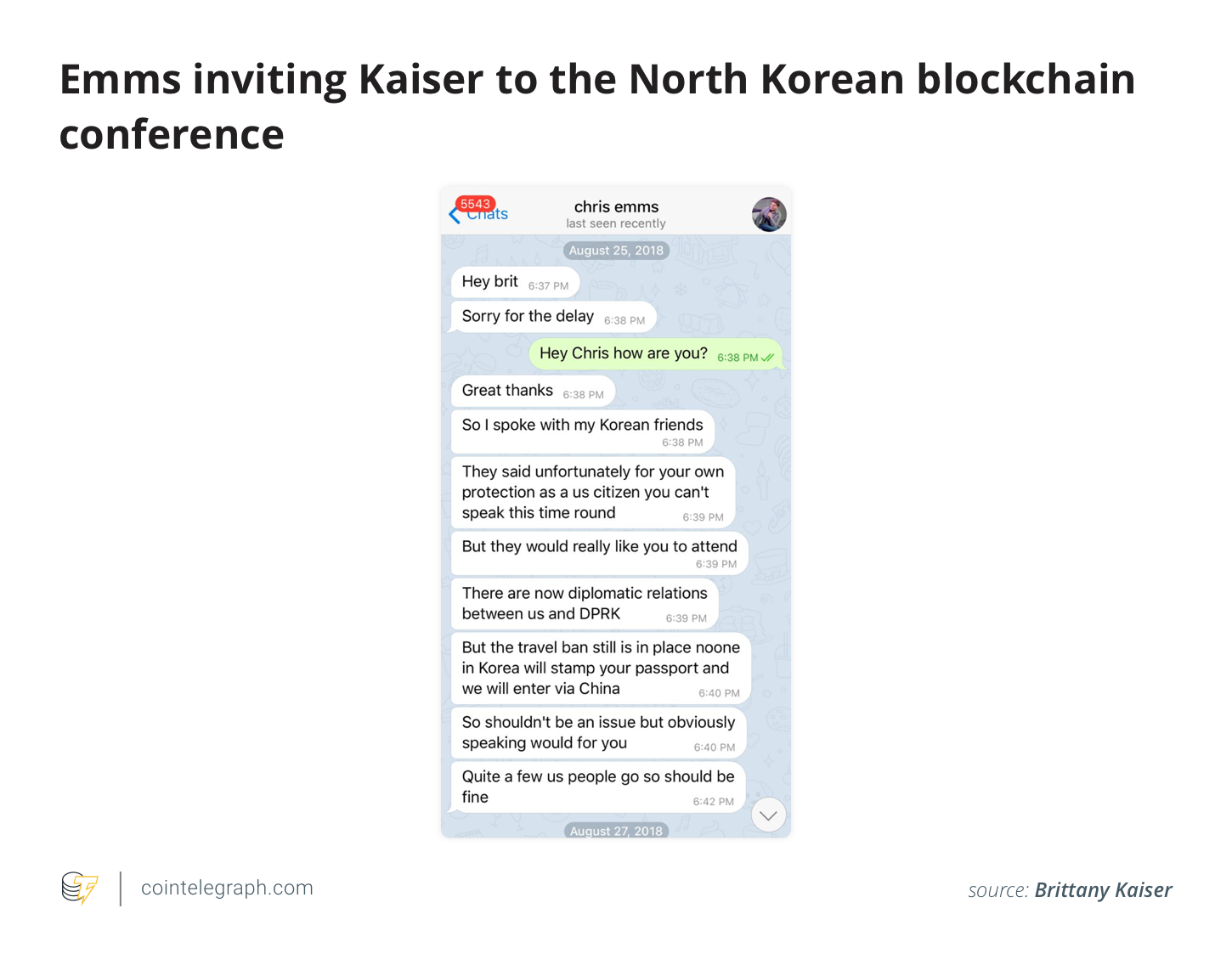 Emms inviting Kaiser to the North Korean blockchain conference