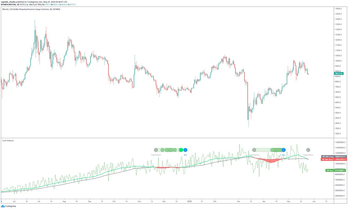 Bitcoin macro price chart with Hash Ribbons overlay from digital asset manager Charles Edwards