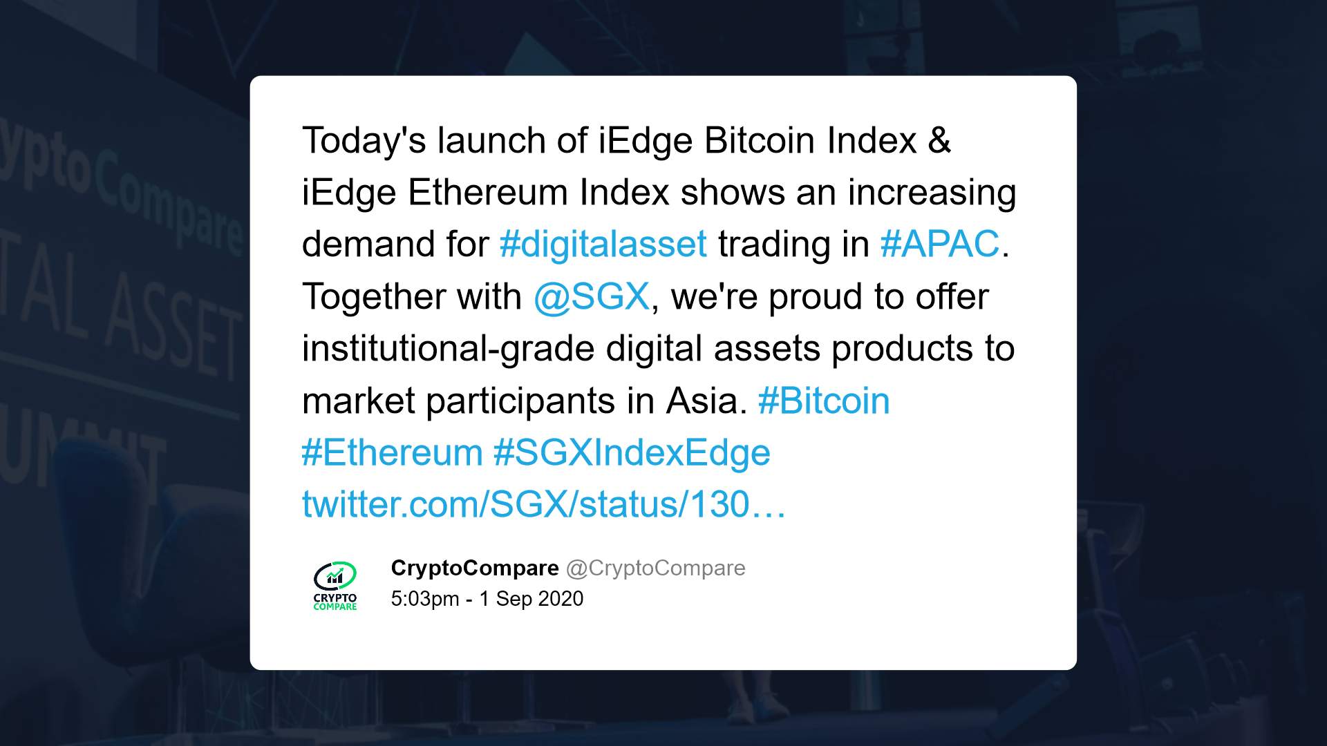 SGX in conjunction with CryptoCompare offering Asia-listed cryptocurrency indices