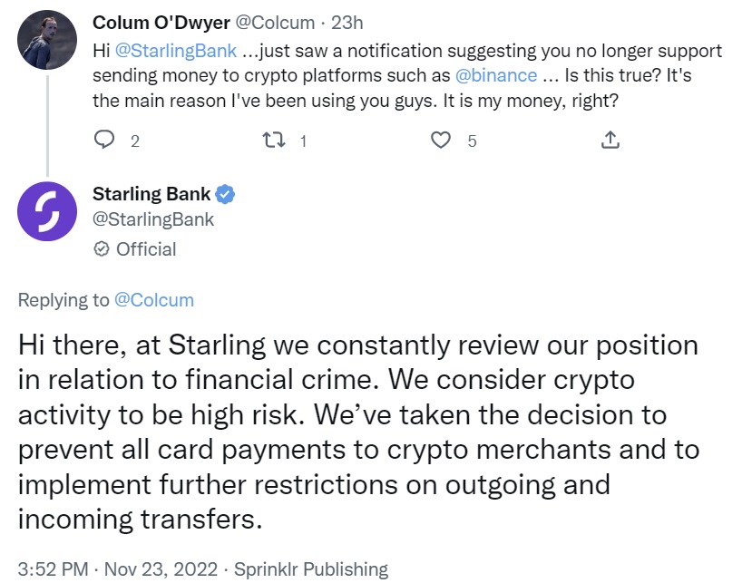 UK Bank Starling Blocks Payments to Crypto Platforms — Claims Crypto Is High Risk, Heavily Used for Criminal Purposes
