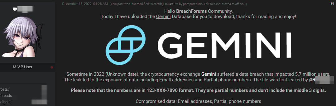 Gemini Customer Data Leak Was Advertised for Sale on Hacker Forums for 30 BTC in September