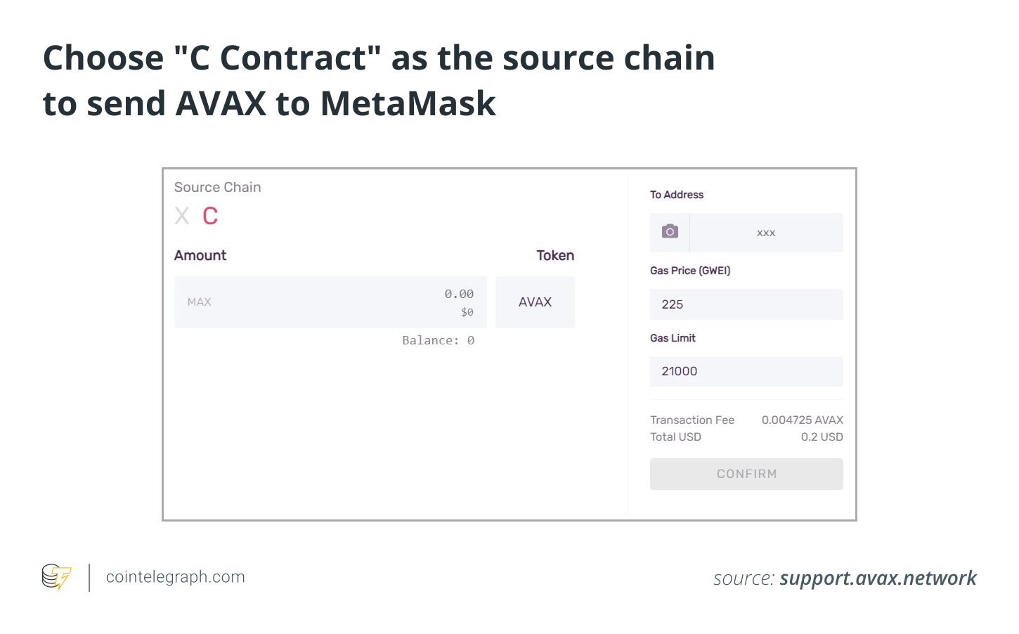 Choose _C Contract_ as the source chain to send AVAX to MetaMask