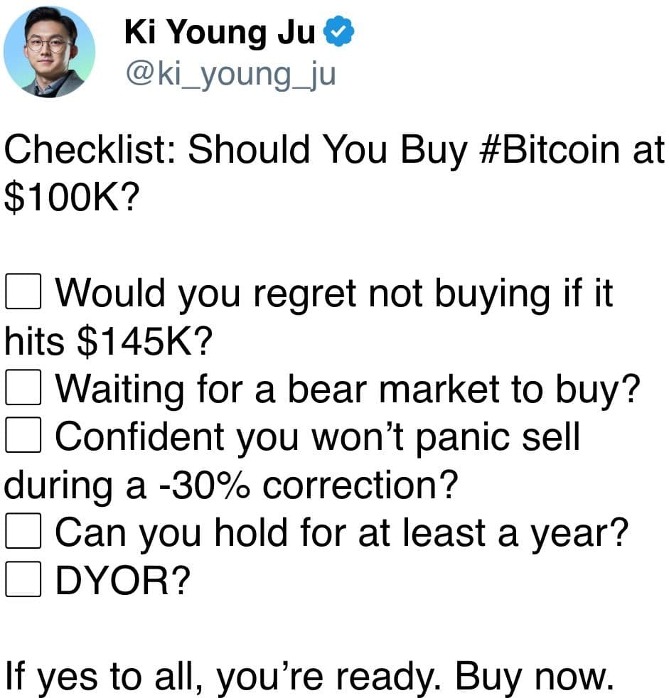 Buying Bitcoin at $100K checklist