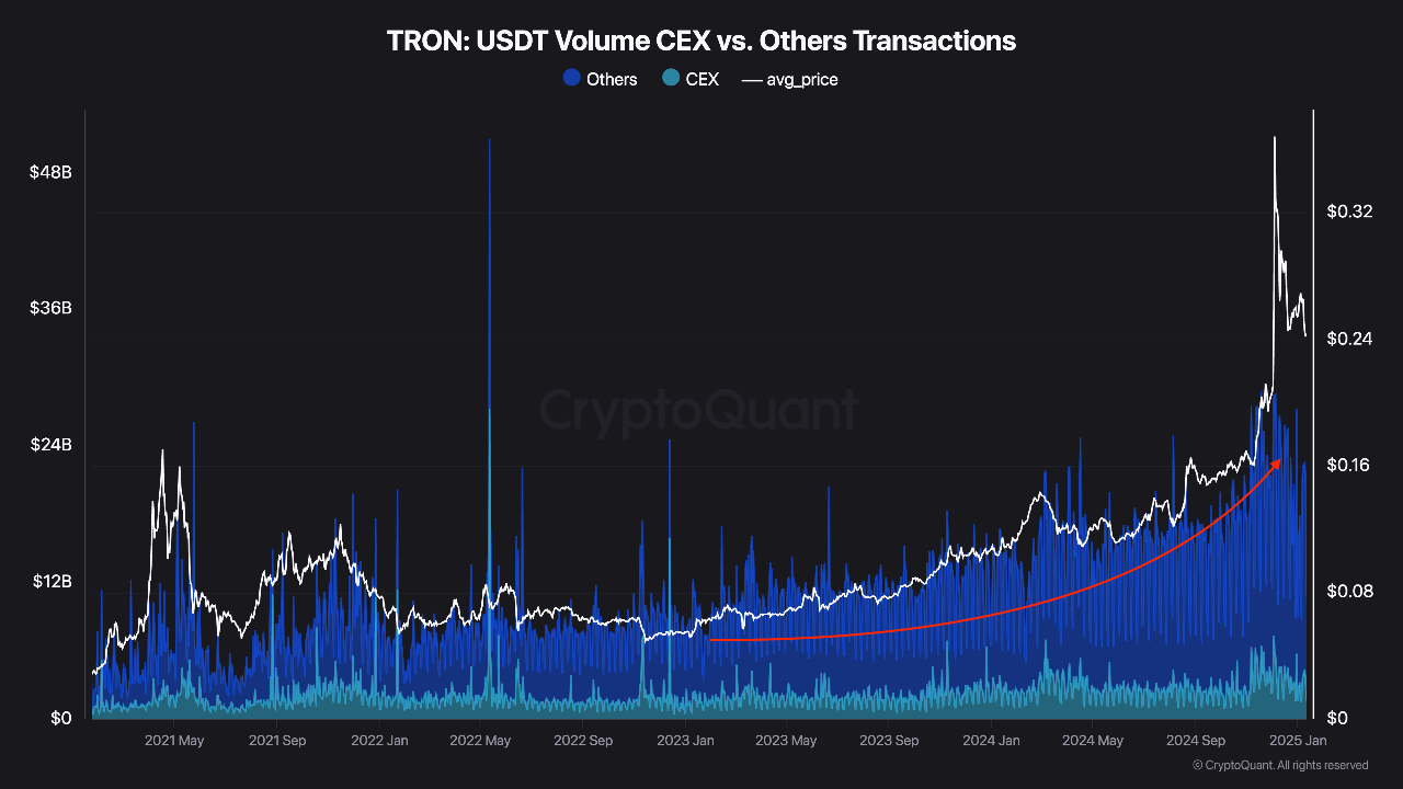 Tron USDT colume on centralized exchanges.