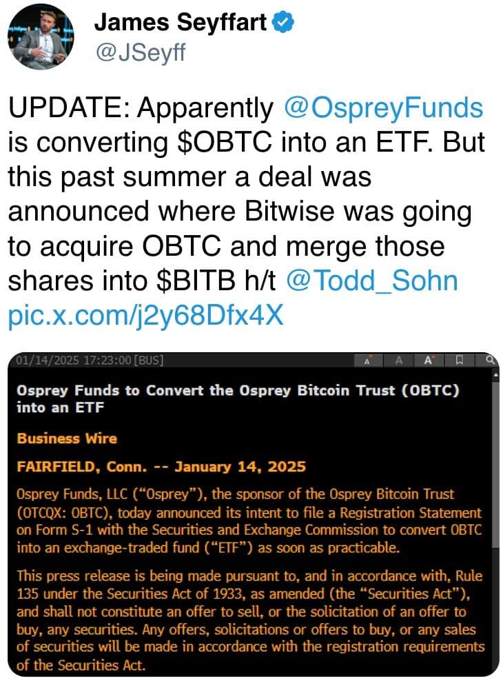 Osprey to convert its Osprey Bitcoin Trust into an ETF