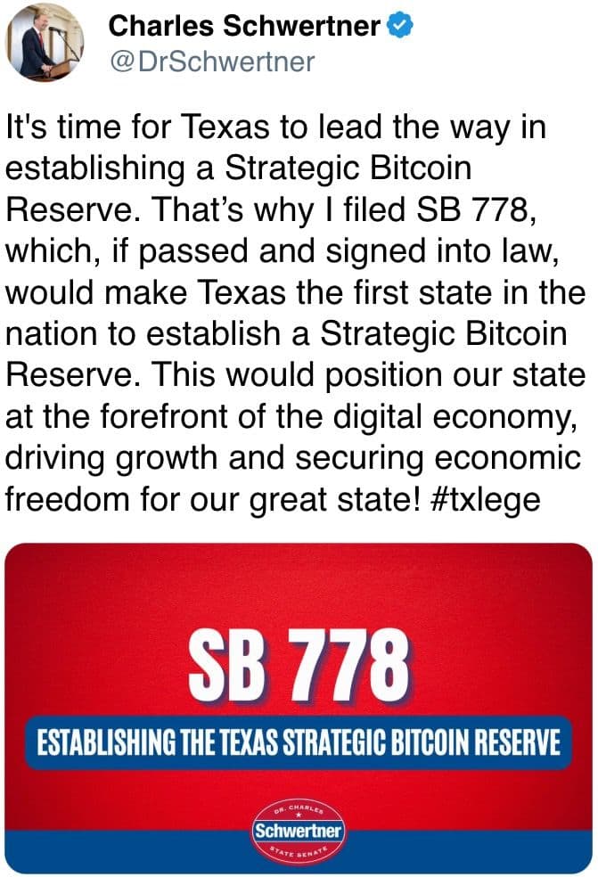 Texas senator files to establish Strategic Bitcoin Reserve