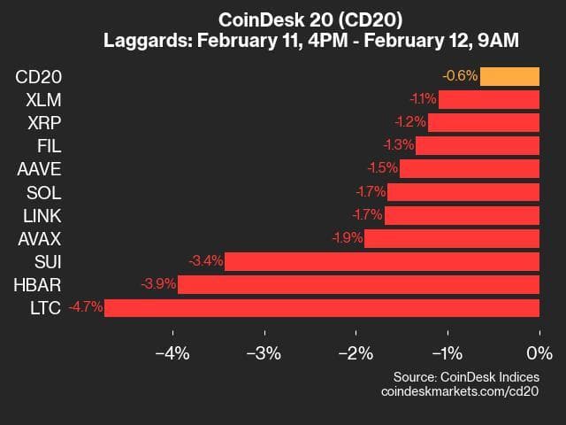 9am CoinDesk 20 Update for 2025-02-12: laggards chart