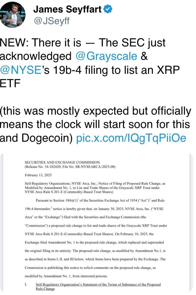 SEC acknowledged Grayscale & NYSE 19b-4 filing for XRP ETF