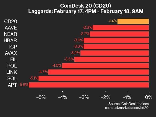 9am CoinDesk 20 Update for 2025-02-18: laggards chart