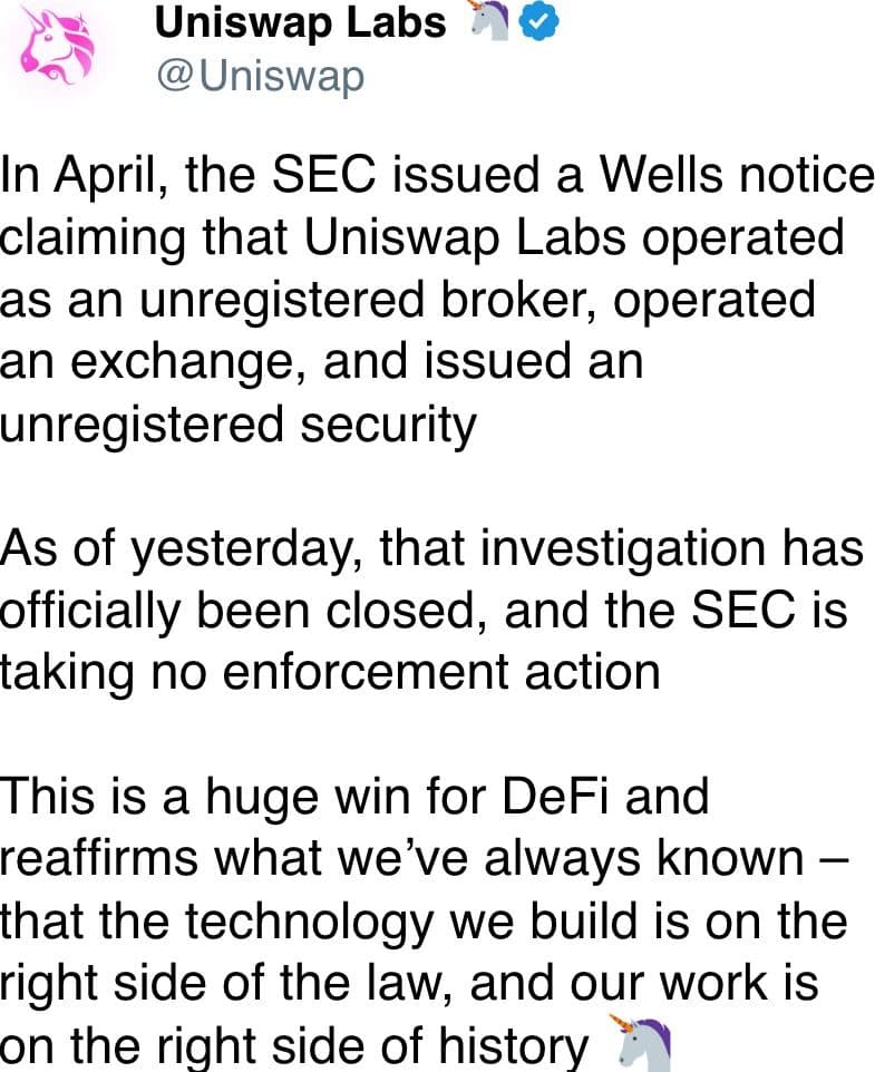 SEC drops Uniswap investigation