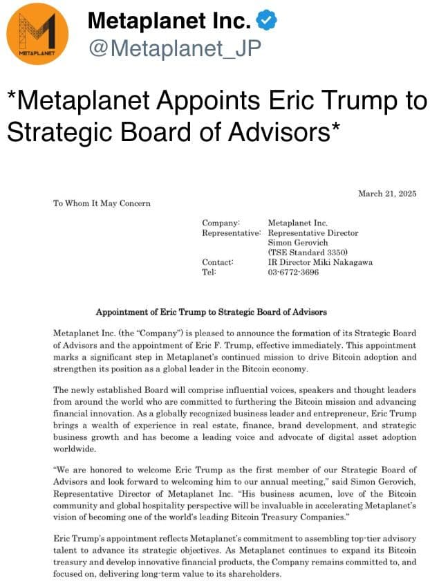 *Metaplanet Appoints Eric Trump to Strategic Board of Advisors*