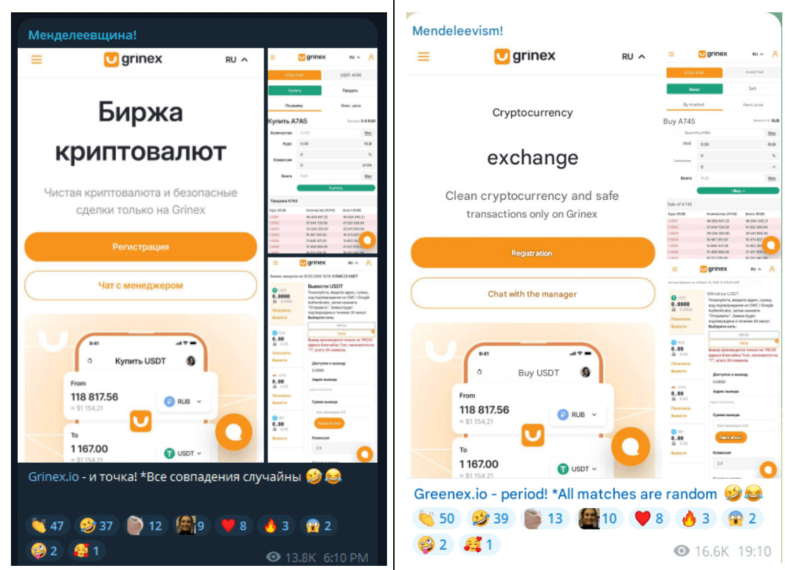 A recent post in Sergey Mendeleev's Telegram channel, joking about the similarities between Garantex and Grinex (Screenshots and translation courtesy of Global Ledger)