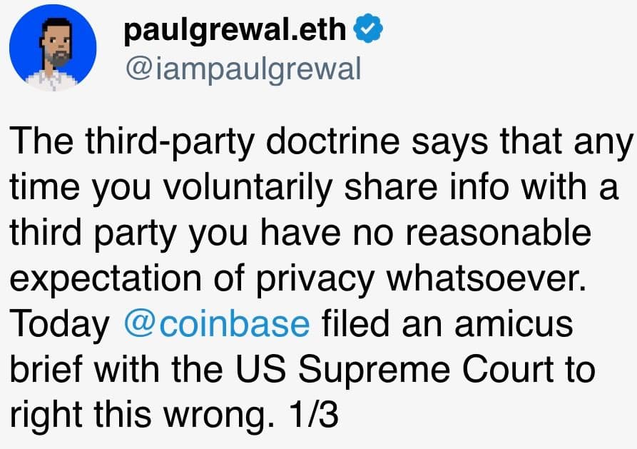 The third-party doctrine says that any time you voluntarily share info with a third party you have no reasonable expectation of privacy whatsoever.