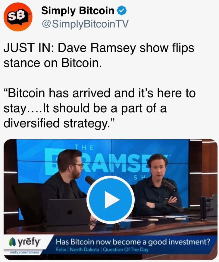 Dave Ramsey show flips stance on Bitcoin. 