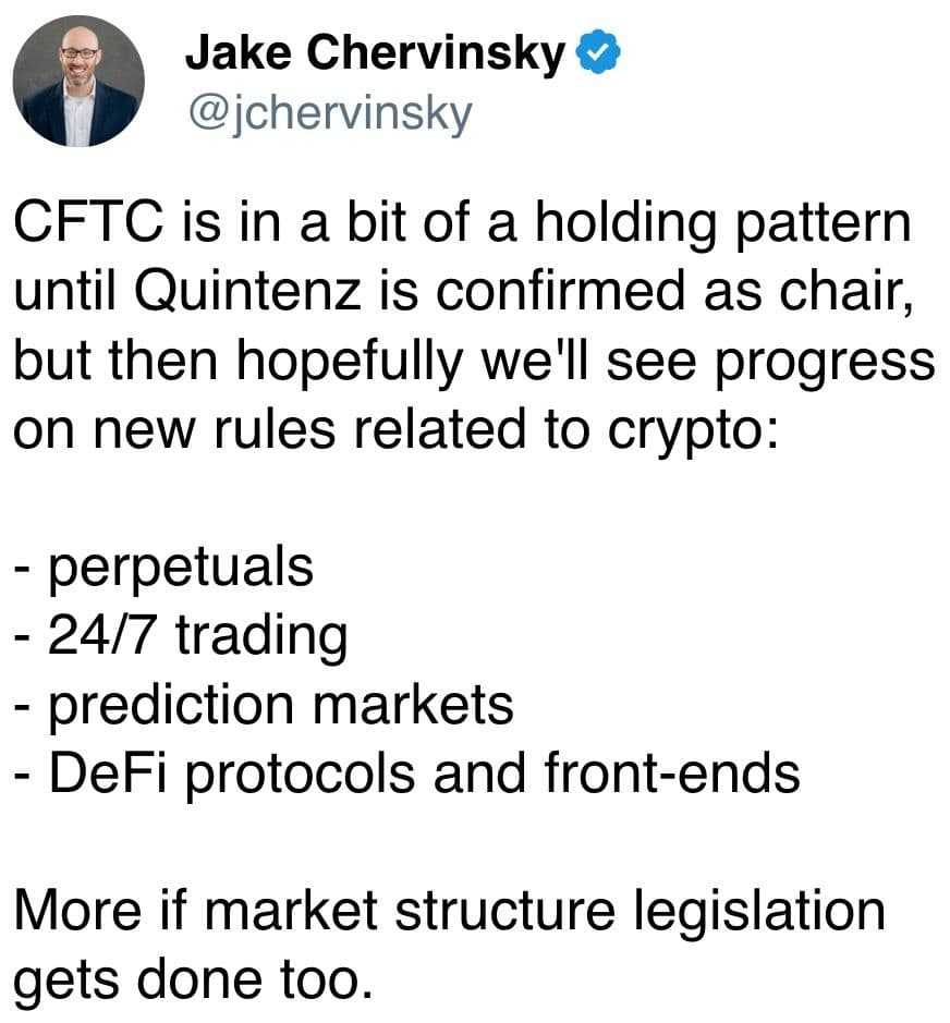 CFTC is in a bit of a holding pattern until Quintenz is confirmed as chair, but then hopefully we'll see progress on new rules related to crypto: