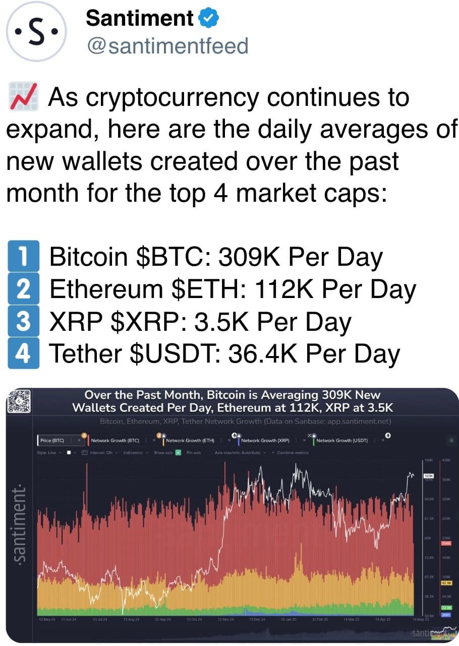 As cryptocurrency continues to expand, here are the daily averages of new wallets created over the past month for the top 4 market caps