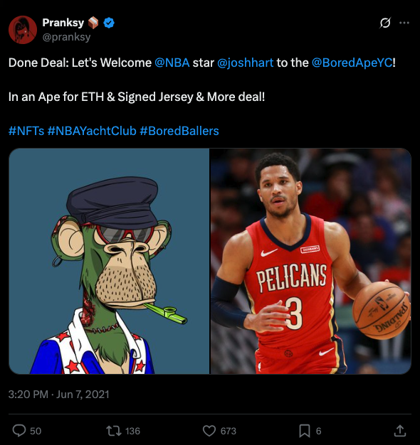Josh Hart BAYC Deal with Pranksy