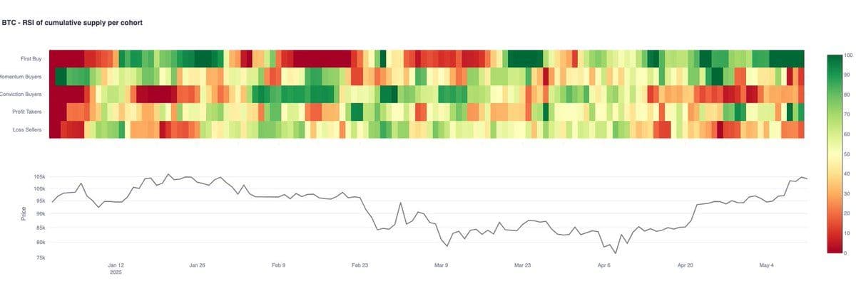 BTC: RSI of cumulative supply per cohort. (Glassnode)