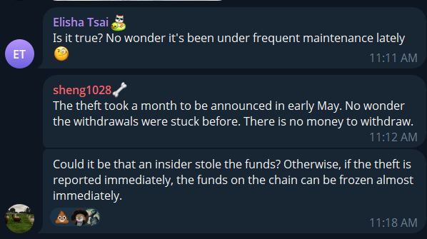 Some suspect an insider behind missing funds. Source: BitoPro official group chat