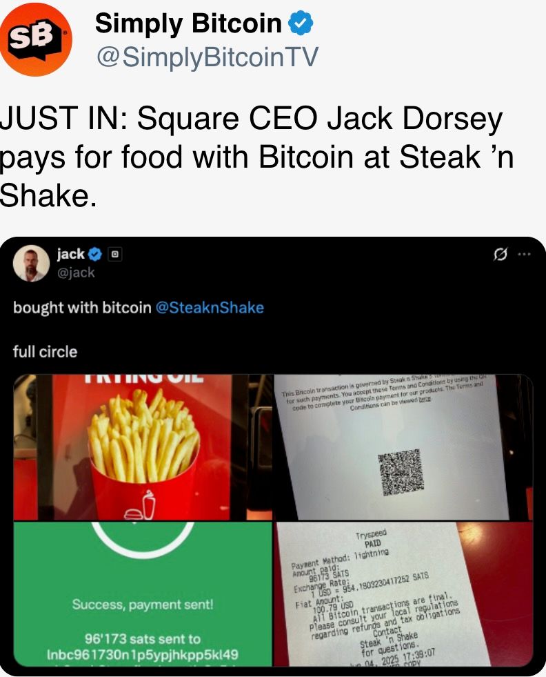 Square CEO Jack Dorsey pays for food with Bitcoin at Steak ’n Shake.