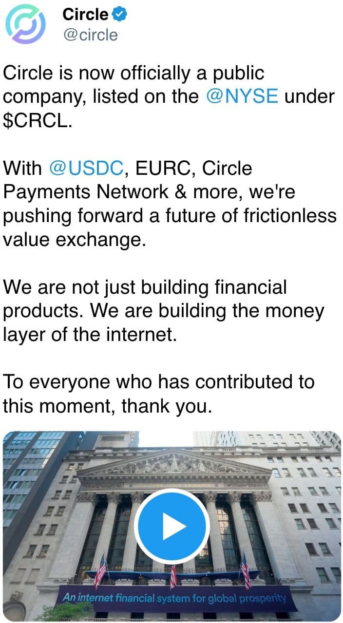 Circle is now officially a public company, listed on the  @NYSE  under $CRCL.