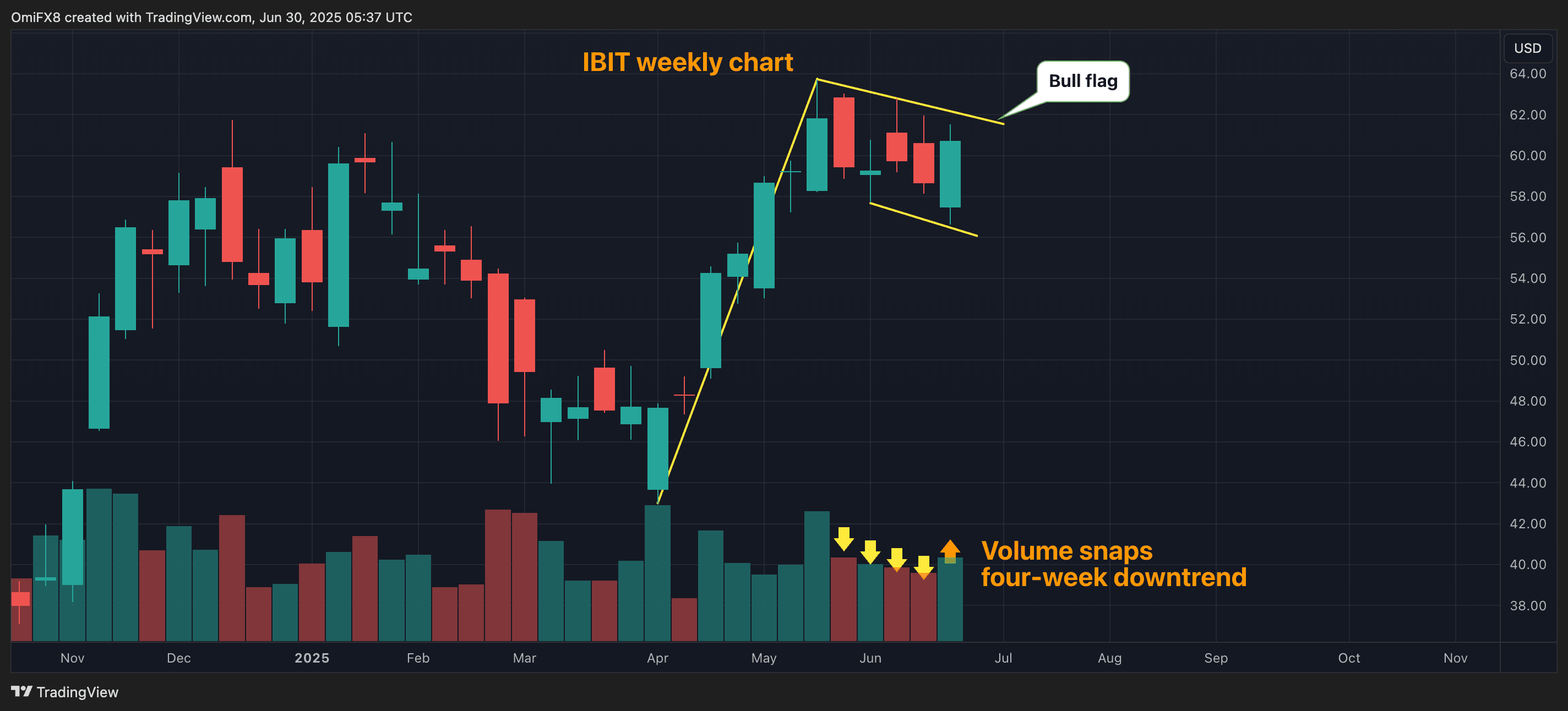 IBIT's weekly chart with trading volumes. (TradingView/CoinDesk)