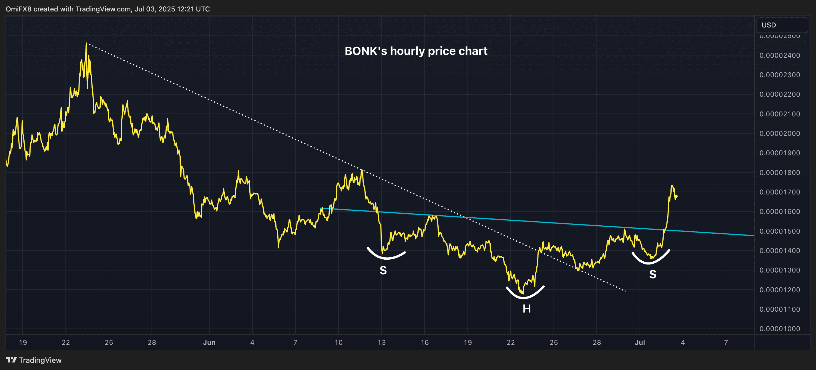 BONK's hourly price chart. (TradingView/CryptoX)