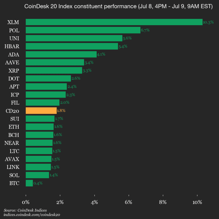 9am CoinDesk 20 Update for 2025-07-09: vertical
