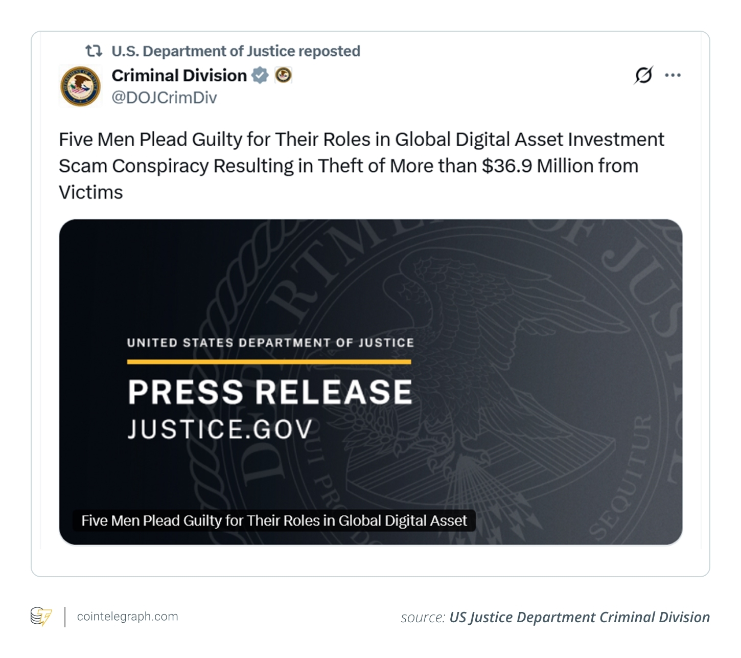 US Justice Department Criminal Division announcement on X