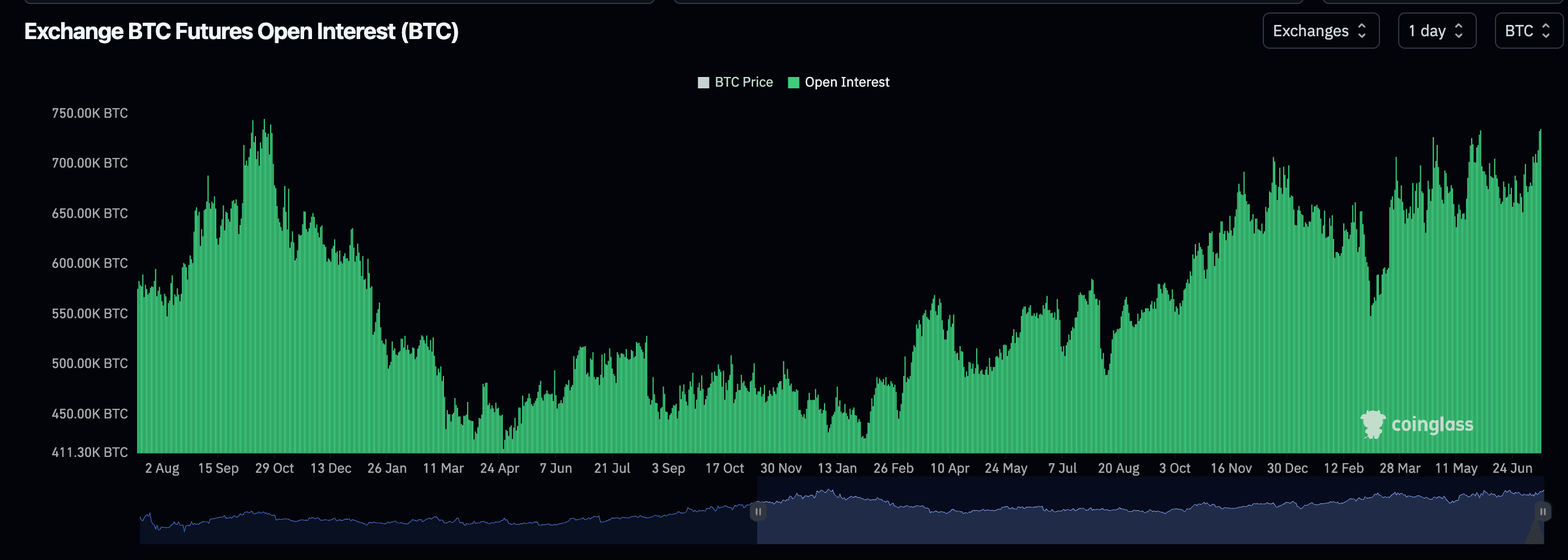 BTC futures open interest nears record high. (Coinglass)