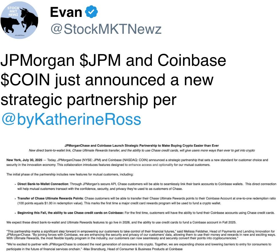 JPMorgan $JPM and Coinbase $COIN just announced a new strategic partnership