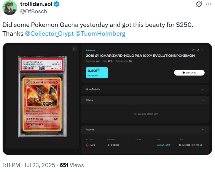 An X user shares drawing a valuable Charizard Pokemon card in a Solana-based gacha application.