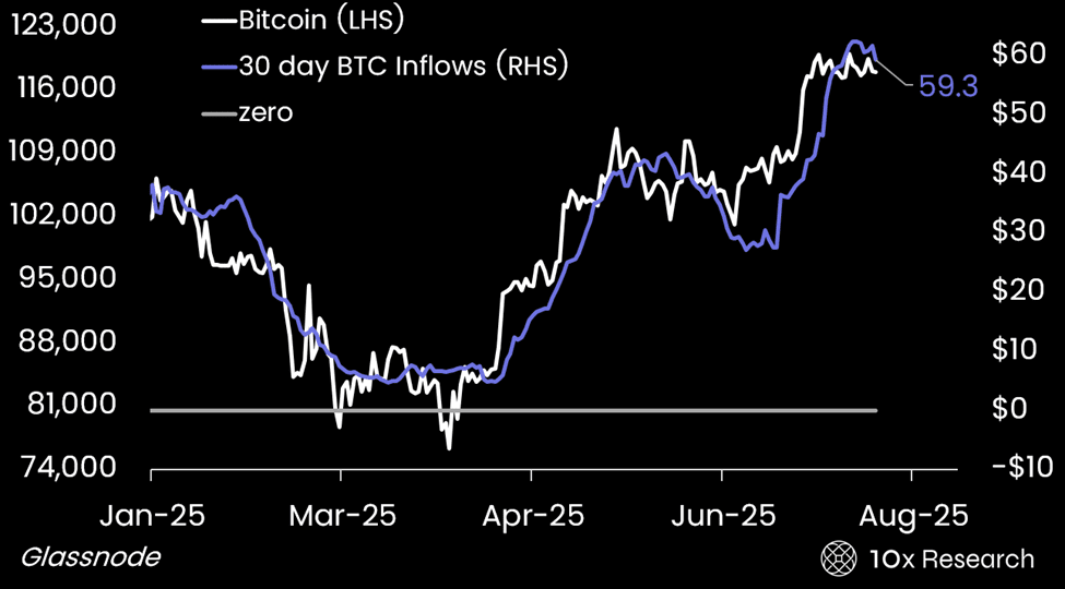 Capital inflows into the Bitcoin network (10x Research/Glassnode)