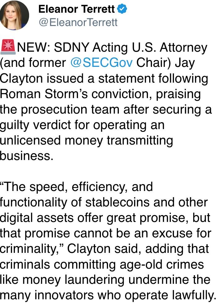 SDNY Acting U.S. Attorney (and former  @SECGov  Chair) Jay Clayton issued a statement following Roman Storm’s conviction SDNY Acting U.S. Attorney (and former  @SECGov  Chair) Jay Clayton issued a statement following Roman Storm’s conviction