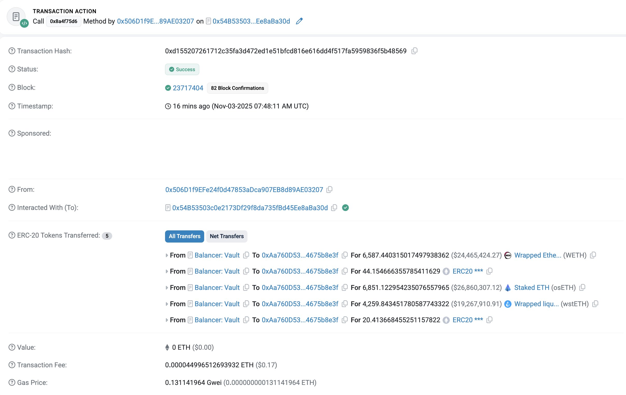 Balancer Vault Transfers | Source: Etherescan