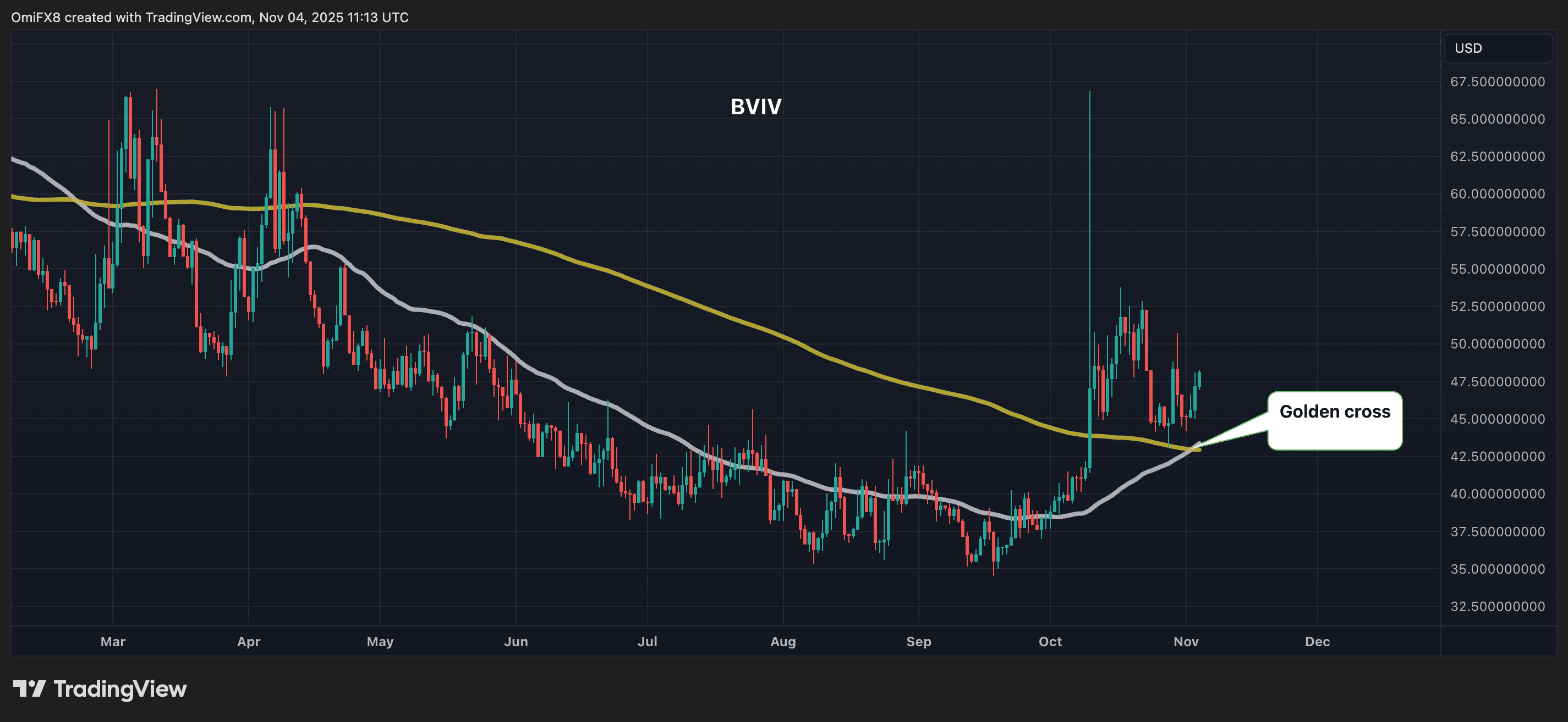BVIV's daily chart in candlesticks format. (TradingView/CoinDesk)